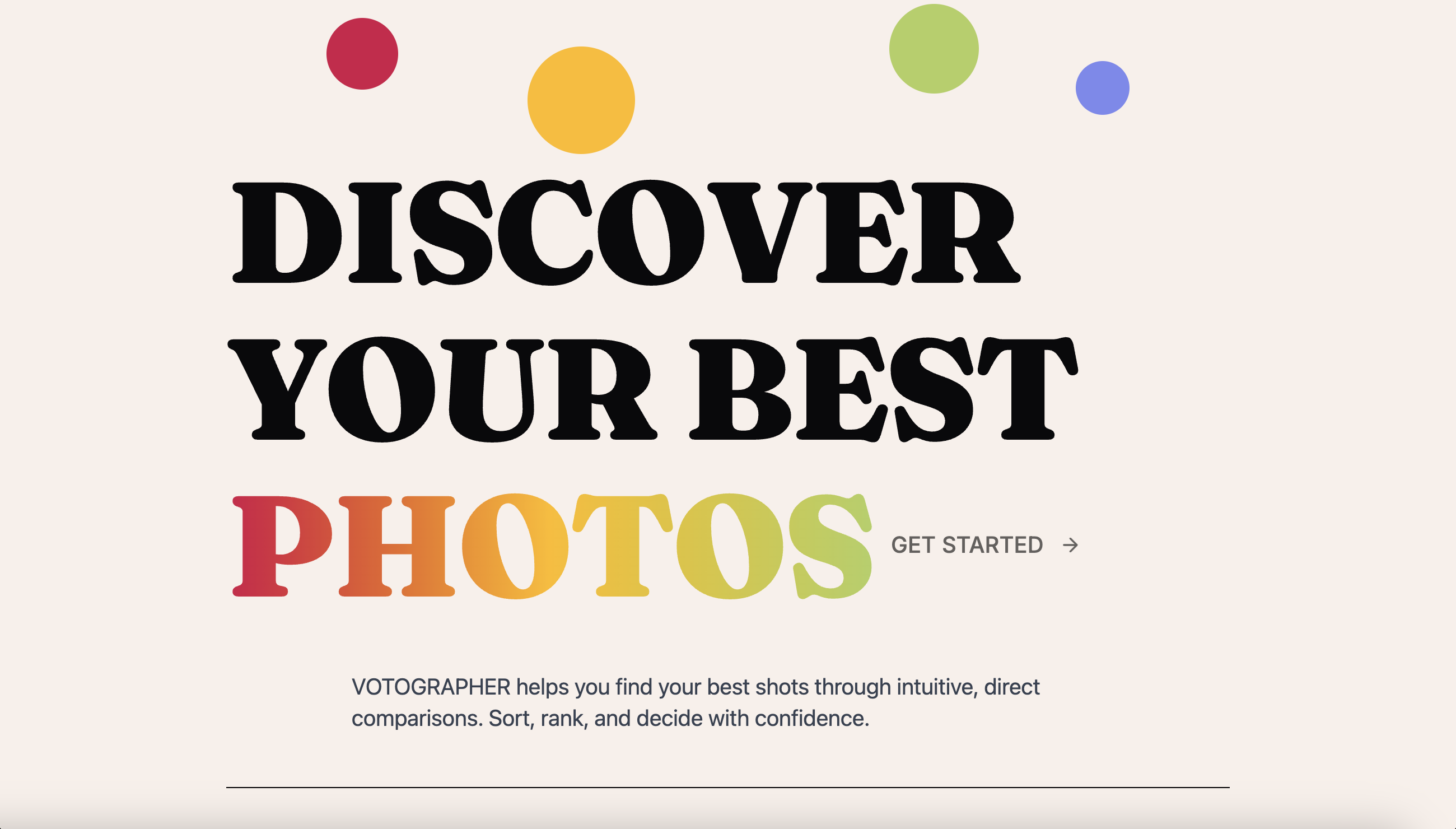 Votographer homepage with 'Discover Your Best Photos' tagline